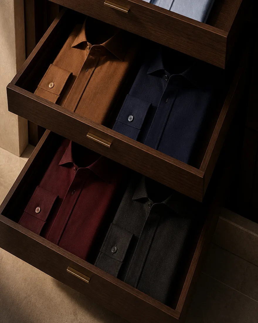 Folded shirts in a drawer archive, one colour to a tray
